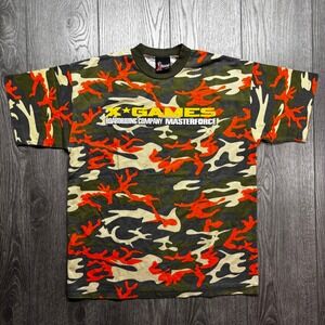 Vintage X Games Boardriding Company Masterforce Camo T-Shirt Mens Orange Green